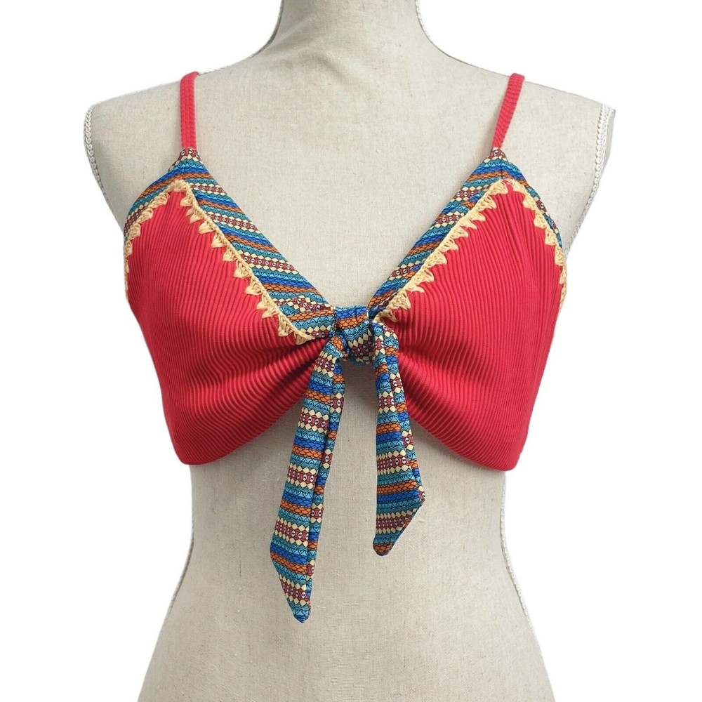 Swimsuits For All Mentor Tie Front Ribbed Bikini Top Coral Red Aztec Womens 12 - Picture 1 of 7